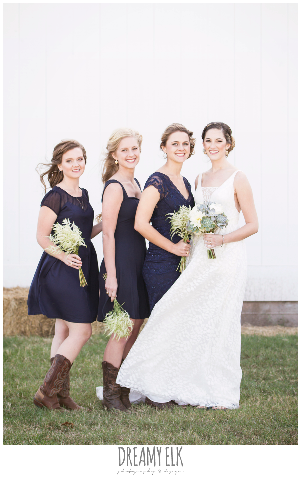 Navy blue bridesmaid top dresses with cowboy boots